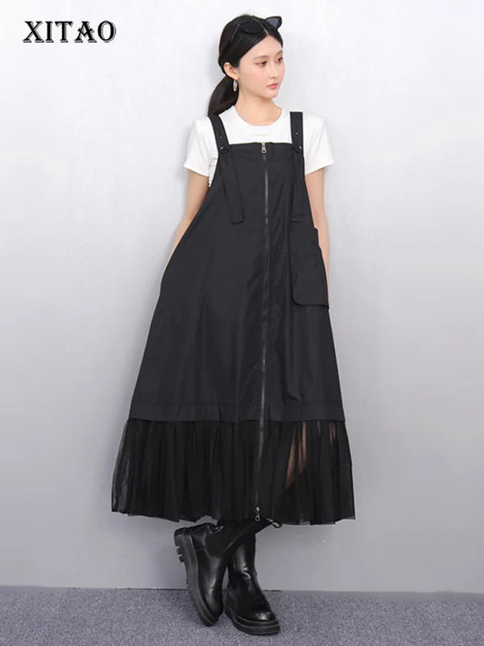 XITAO Zipper Pleated Gauze Dress Pocket Sleeveless Loose Vintage Temperament Patchwork Solid Color Summer Woman Dress ZMY1336