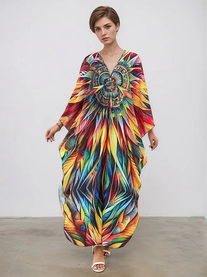XITAO Contrast Color V-neck Vintage Dress Bat Wing Sleeve Temperament Summer Woman Loose Pullover Ankle-length Dress GJ1200