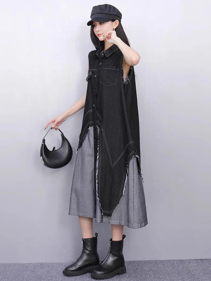XITAO Casual Patchwork Dress Loose Irregular Turn-down Collar Single Breasted Women Summer Trend A-line Shirt Dress ZMY1158