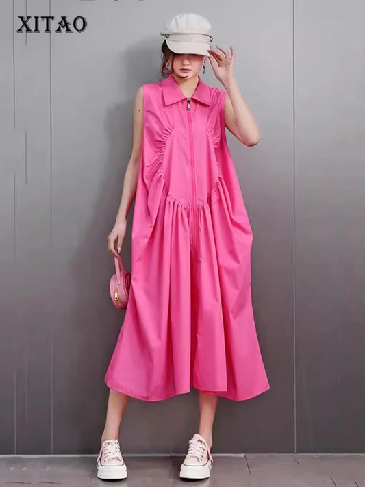 XITAO Fold Zipper Sleeveless Turn-down Collar Dress Solid Color Patchwork Pocket Loose Casual Slimming All Match Dress HQQ2445