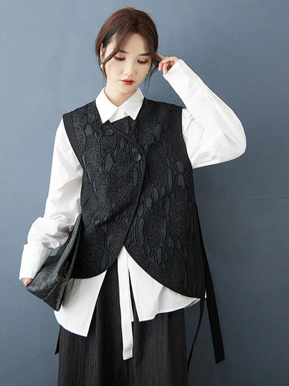 XITAO Irregular Black O-neck Vest Casual Sleeveless Female Top New Autumn Single Breasted Women Fashion All Match Vest GJ1216