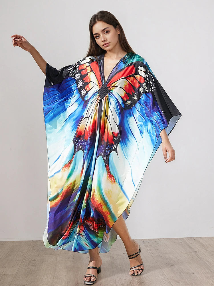 XITAO Irregular Print V-neck Bat Sleeve Female Dress Summer Women Thin Pullover All Match Fashion Street Tide Dress GJ1208