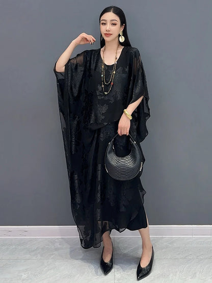 XITAO Jacquard Asymmetrical Folds Pullover Dress Solid Color O-neck Loose Temperament All Match Slimming Casual Dress ZMY1178