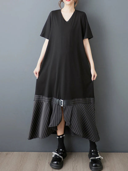 XITAO Striped Contrast Color Asymmetrical Dress V-neck Short Sleeve Patchwork Split Pullover Bandage Casual Female Dress ZMY1288