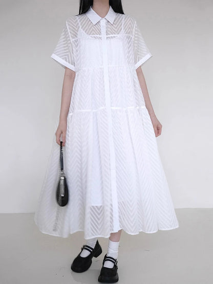 XITAO Loose Solid Color Hollow Out Dress Single Breasted Short Sleeve All-match New Arrival Temperament Woman Dress ZMY1261