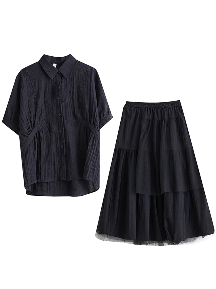 XITAO Patchwork Mesh Single Breasted Short Sleeve Lapel Matching Set Casual Solid Color A-line Elastic Waist Women Set GYX1576