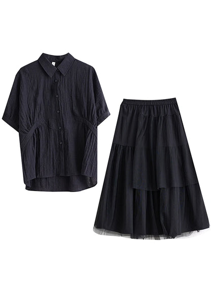 XITAO Patchwork Mesh Single Breasted Short Sleeve Lapel Matching Set Casual Solid Color A-line Elastic Waist Women Set GYX1576