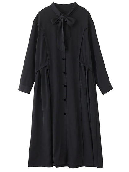 XITAO Drawstring Full Sleeve Vintage Dress Solid Color Single Breasted Loose Pocket Casual All-match Simple Woman Dress ZMY1407