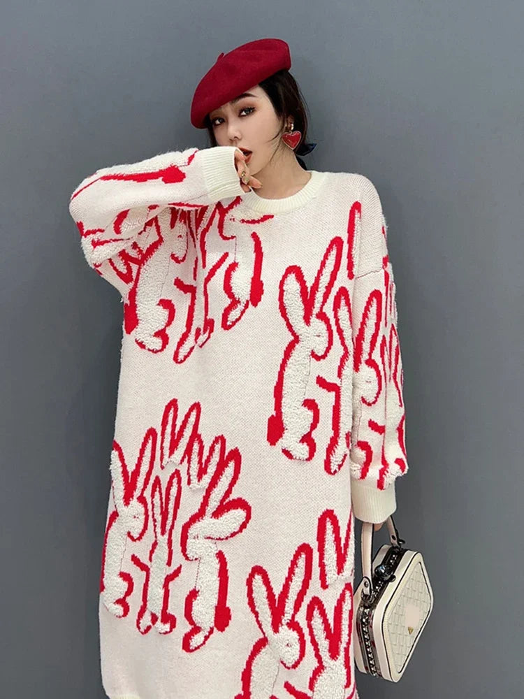 XITAO Women Print Knitted Dress Personality Fashion Loose O-neck Full Sleeve Casual Dress Korea 2024 Spring New Arrival FBB1287