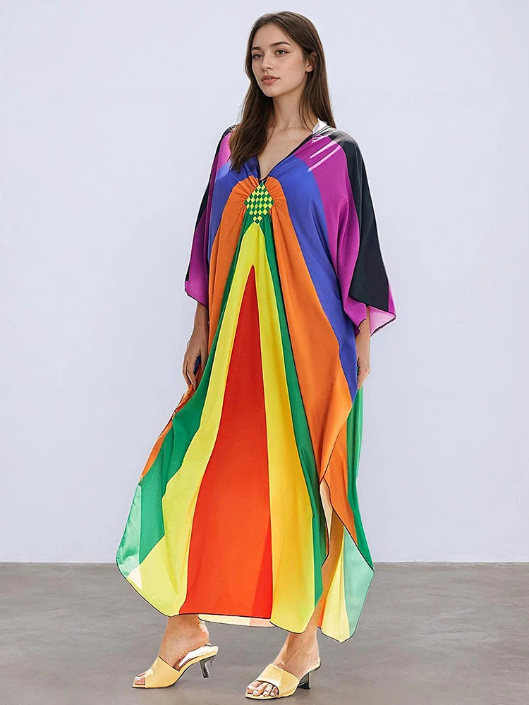 XITAO Side Slit Vintage Loose Dress Contrast Color V-neck Casual Print Personality All-match Elegant Summer Woman Dress GJ1165