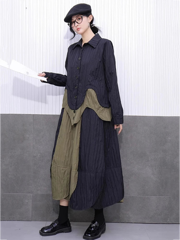 XITAO Patchwork Single Breasted Women Set Casual Turn-down Collar Full Sleeve Vintage Elegant A-line Spring Female Set GYX1537