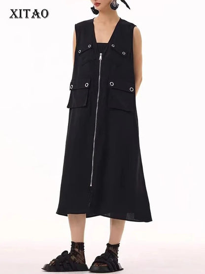 XITAO Sleeveless V-neck Zipper Dress Loose Pocket Patchwork Women Summer Casual A-line Temperament Solid Color Dress ZMY1328