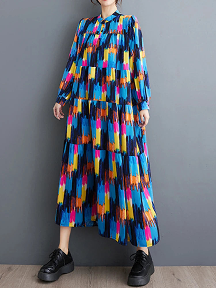 XITAO Vintage Loose Print Dress Casual All-match Contrast Color Women Spring New Trend Long Sleeve Stand Collar Dress DMJ4069
