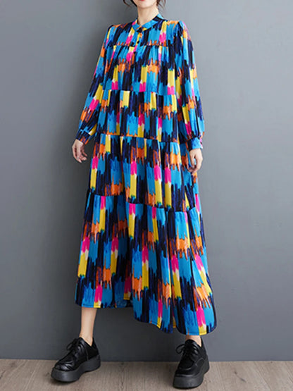 XITAO Vintage Loose Print Dress Casual All-match Contrast Color Women Spring New Trend Long Sleeve Stand Collar Dress DMJ4069