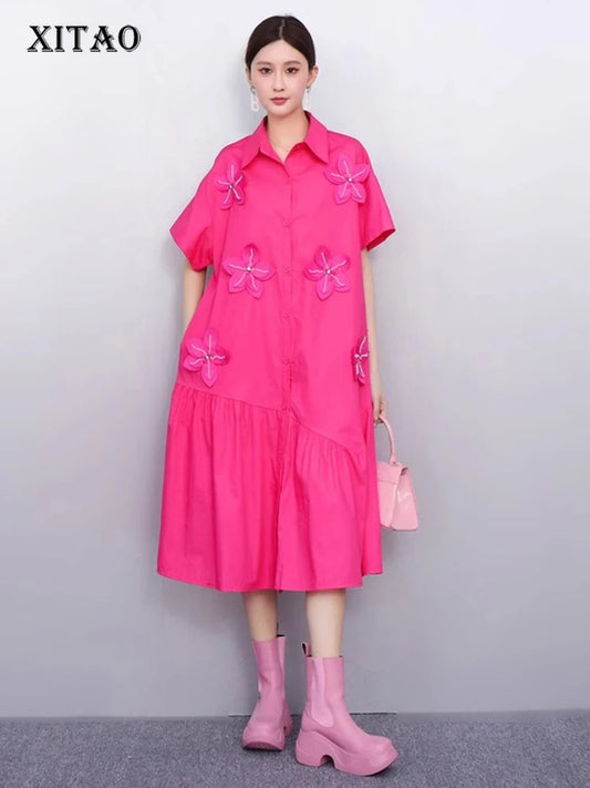 XITAO Solid Color Short Sleeve Dress Three-dimensional Decoration Turn-down Collar Loose Slimming Summer Woman Dress ZMY1398