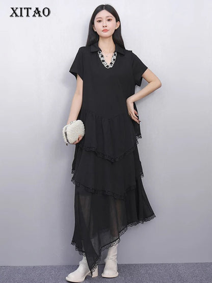 XITAO Irregular Patchwork Short Sleeve Dress V-neck Casual Loose Fitting A-line Elegant Comfortable Pullover Women Dress ZMY1340