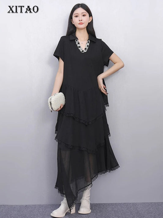 XITAO Irregular Patchwork Short Sleeve Dress V-neck Casual Loose Fitting A-line Elegant Comfortable Pullover Women Dress ZMY1340