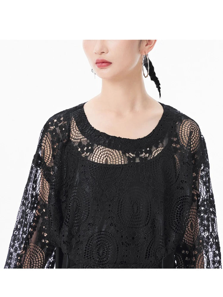 XITAO Embroidery Hollow Out O-neck Dress Casual Full Sleeve A-line Temperament Solid Color French Style Female Dress GYX1541