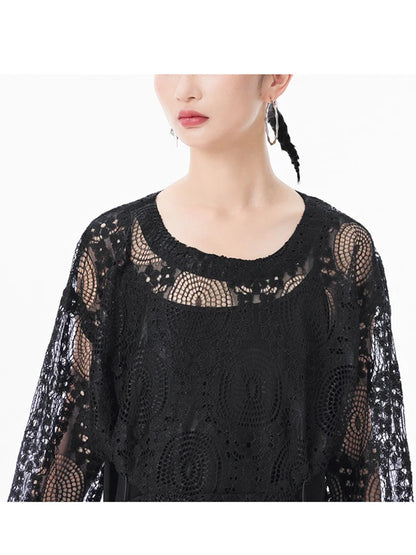 XITAO Embroidery Hollow Out O-neck Dress Casual Full Sleeve A-line Temperament Solid Color French Style Female Dress GYX1541