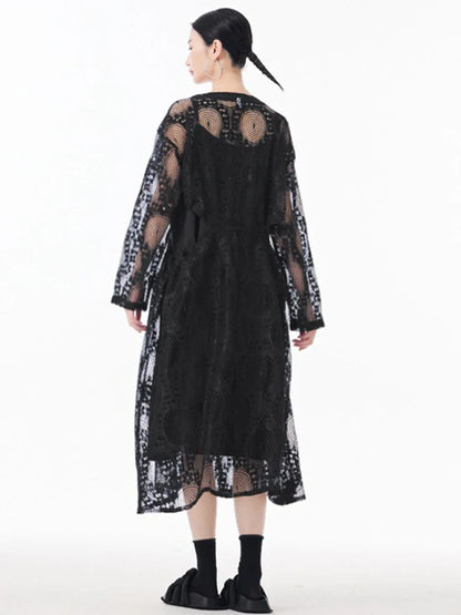 XITAO Embroidery Hollow Out O-neck Dress Casual Full Sleeve A-line Temperament Solid Color French Style Female Dress GYX1541