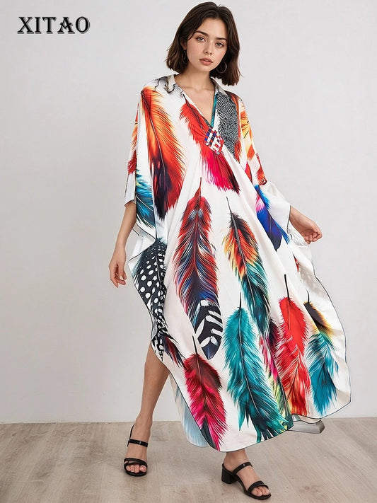 XITAO Contrast Color Printing Cartoon Women Dress Beach Thin Comfortable Bat Sleeve V-neck Pullover Fashion Casual Dress GJ1207