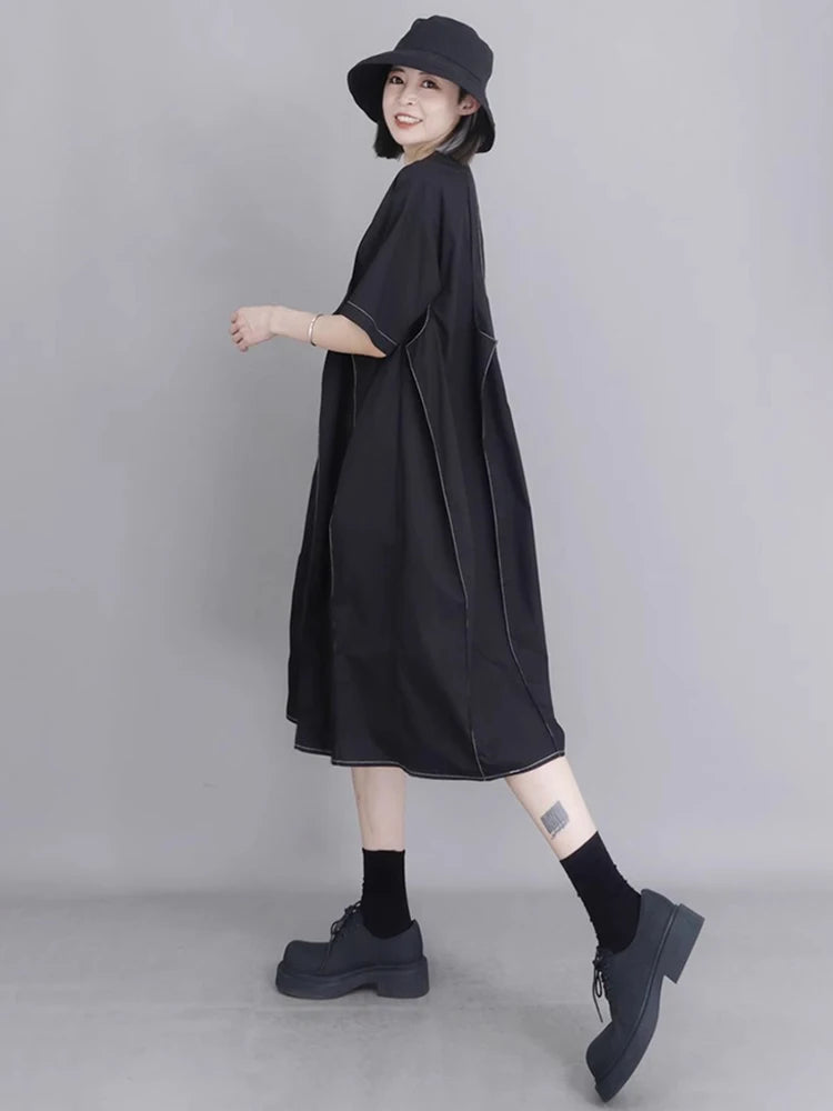 XITAO Solid Color O-neck Simple Dress Short Sleeve Slimming Patchwork Asymmetrical A-line Pullovers Summer Woman Dress ZMY1368