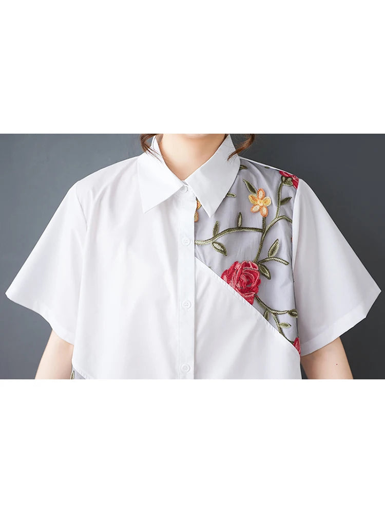 XITAO Embroidery Patchwork Gauze Sets Turn-down Collar Short Sleeve Two-piece Elastic Waist A-line Summer Dress Sets ZMY1389