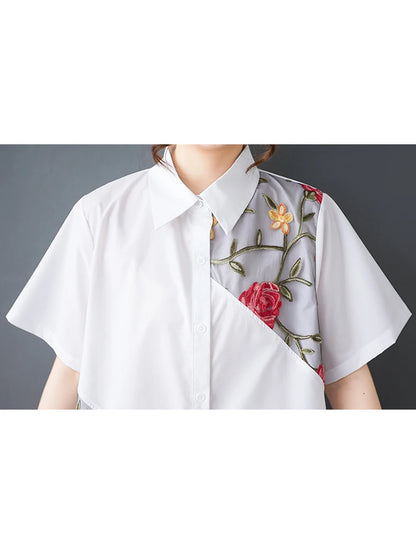 XITAO Embroidery Patchwork Gauze Sets Turn-down Collar Short Sleeve Two-piece Elastic Waist A-line Summer Dress Sets ZMY1389