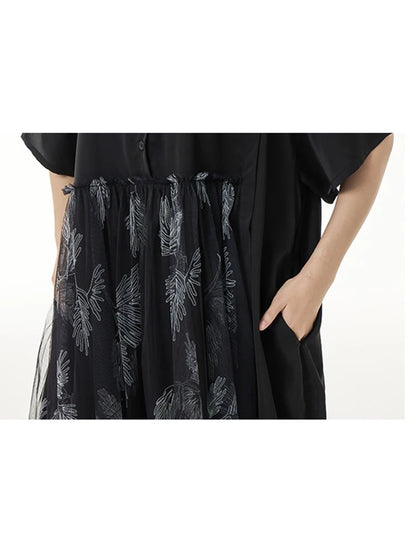 XITAO Loose Patchwork Shirt Dress Temperament Mesh Print Women Summer Short Sleeve Street Turn-down Collar Dress ZMY1078