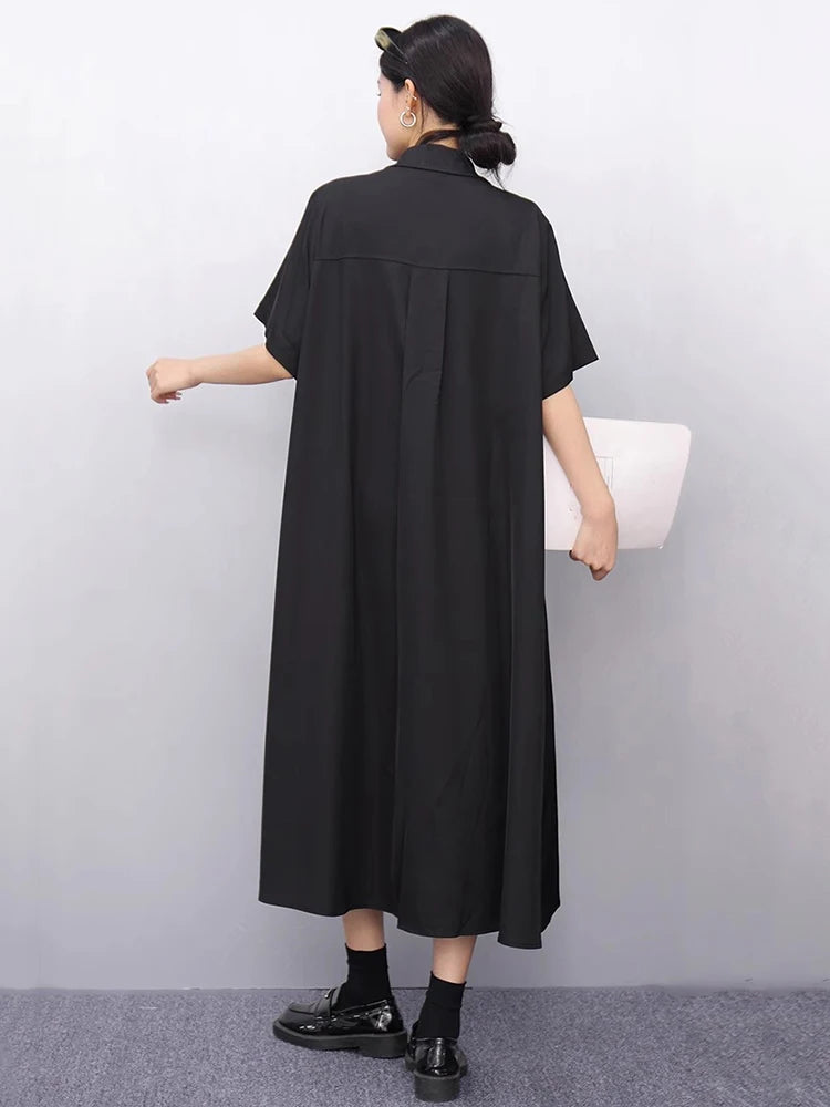 XITAO Loose Pocket Dress Fashion Temperament Simple Patchwork Women Casual Solid Color Single Breasted Shirt Dress ZMY1164