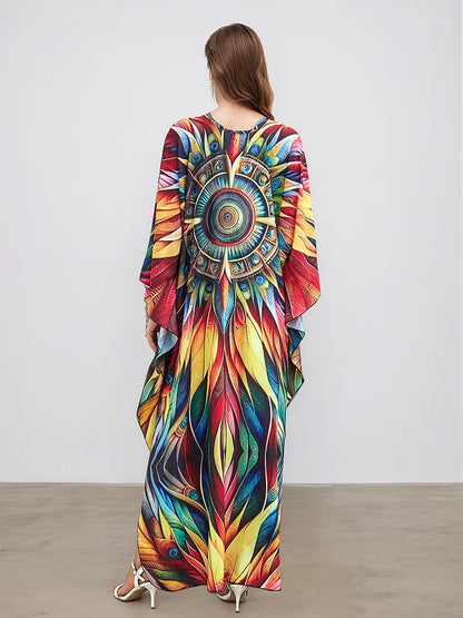 XITAO Contrast Color V-neck Vintage Dress Bat Wing Sleeve Temperament Summer Woman Loose Pullover Ankle-length Dress GJ1200