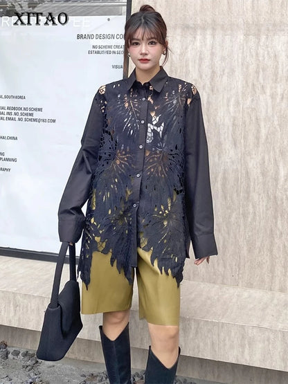 XITAO Hollow Out Patchwork Lace Lapel Women Shirt Casual Turn-down Collar Full Sleeve Fashion Spring Female Blouse GYX1614