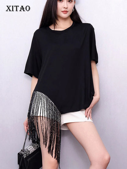 XITAO Loose Tassels Asymmetric Women T-shirt Fashion Trend Short Sleeve O-neck Women Temperament All-match Simple Top ZMY1176