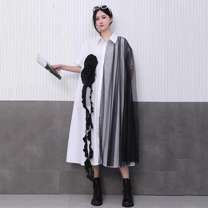 XITAO Three-dimensional Decoration Patchwork Women Dress Gauze Split Contrast Color Turn-down Collar Slimming Dress GYX1645