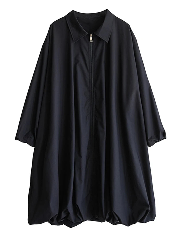 XITAO Loose Vintage Zipper Dress Simple Solid Color Long Sleeve Women Personality Hem Casual Turn-down Collar Dress ZMY1056