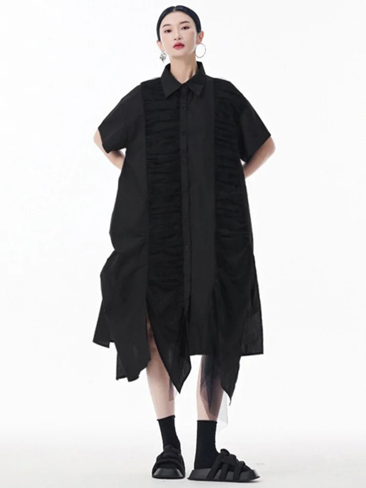 XITAO Pleated Single Breasted Turn-down Collar Dress Mesh Short Sleeve Asymmetrical Fashion A-line Summer Women Dress ZMY1201