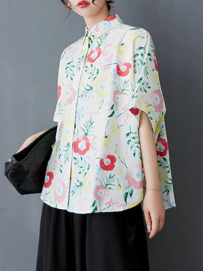 XITAO Pint Flower Single Breasted Lapel Shirt Casual Loose Fitting Batwing Sleeve Turn-down Collar Summer Women Blouse GYX1557
