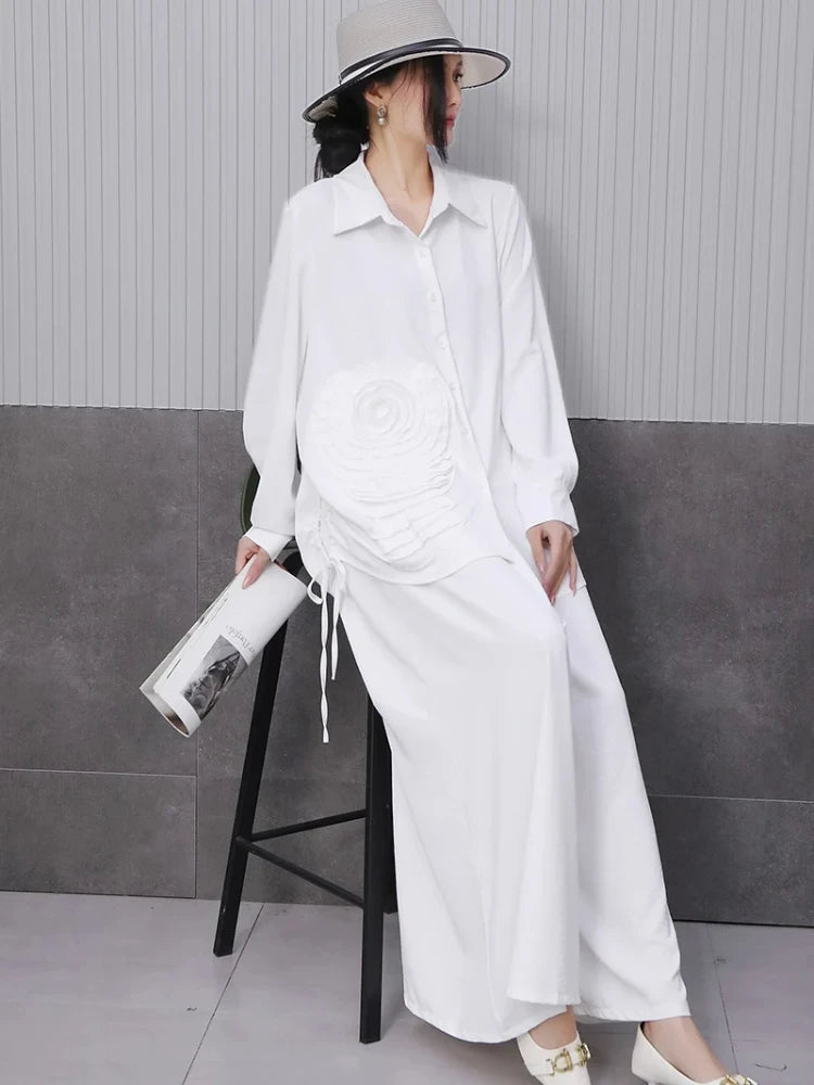 XITAO Three-dimensional Bandage Pant Sets Solid Color Single Breasted Turn-down Collar Loose Top Elastic Waist Pan GYX1529
