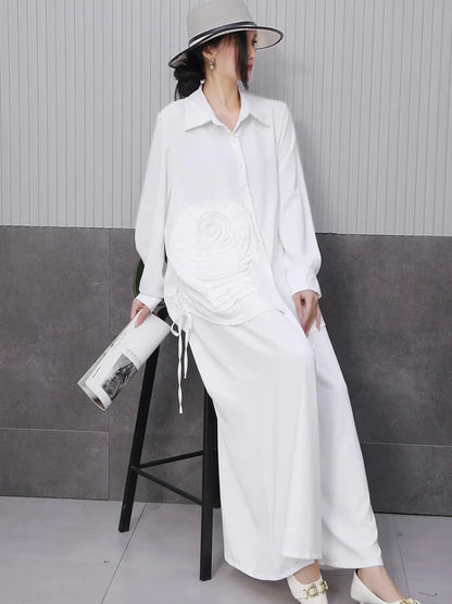 XITAO Three-dimensional Bandage Pant Sets Solid Color Single Breasted Turn-down Collar Loose Top Elastic Waist Pan GYX1529