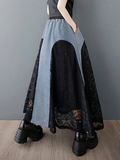 XITAO Lace Patchwork Contrast Color Skirt Pocket Elastic Waist Loose Casual Ankle-Length All Temperament Slimming Skirt HQQ2466