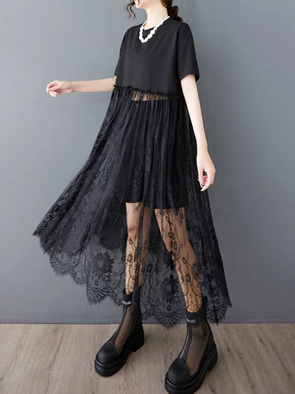 XITAO Patchwork Lace Short Sleeve Dress O-neck Casual Loose Fitting A-line Solid Color Pullover Summer Women Dress ZMY1214