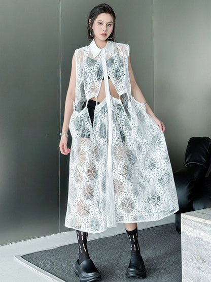 XITAO Lace Patchwork Sleeveless Dress Casual A-line Hollow Out Solid Color New Personality Turn-down Collar Women Dress GYX1661