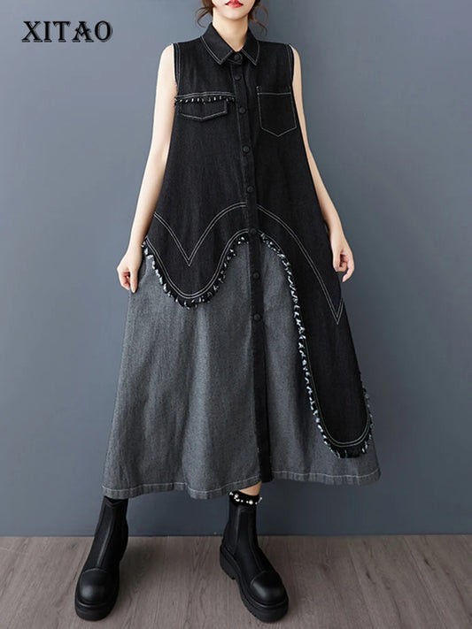 XITAO Contrast Color Sleeveless Pocket Patchwork Dress Single Breasted Turn-down Collar Loose A-line Vintage Slim Dress ZMY1050