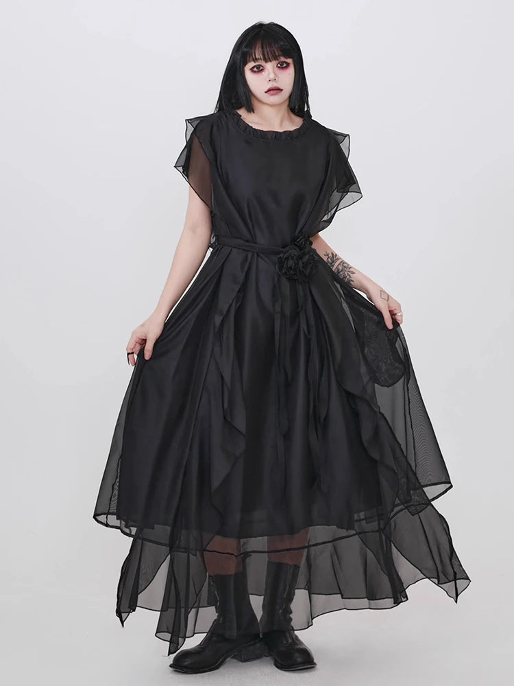 XITAO Gauze Patchwork Pullover Dress Short Sleeve Solid Color Loose O-neck Slim Solid Color All Match Temperament Dress ZMY1392