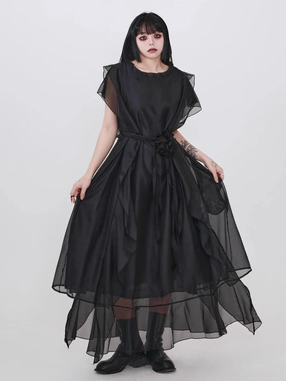 XITAO Gauze Patchwork Pullover Dress Short Sleeve Solid Color Loose O-neck Slim Solid Color All Match Temperament Dress ZMY1392