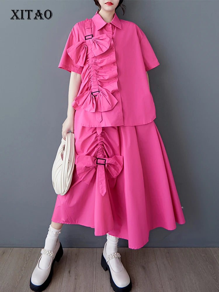 XITAO Floral Pleated Single Breasted Matching Set Casual Turn-down Collar A-line Half Sleeve New Korea Summer Female Set GYX1546