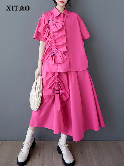XITAO Floral Pleated Single Breasted Matching Set Casual Turn-down Collar A-line Half Sleeve New Korea Summer Female Set GYX1546