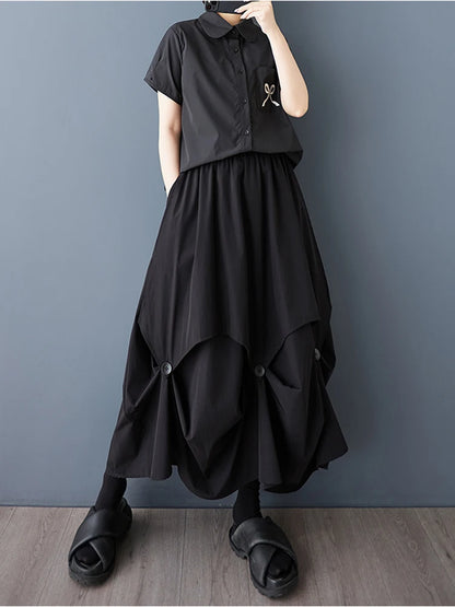 XITAO Patchwork Bud Button Elastic Waist Skirt Casual Loose Fitting A-line Personality Solid Color Summer Women Skirt  ZMY1070