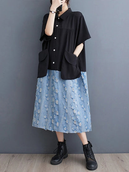 XITAO Contrast Color Patchwork Pocket Female Dress Pullover Turn-down Collar Short Sleeve Casual Loose Slimming Dress ZMY1059