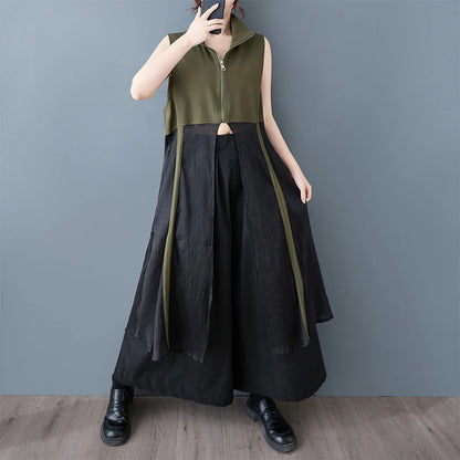 XITAO Patchwork Zipper Lapel Dress Casual Sleeveless New A-line Mid-calf Loose Turn-down Collar Spring Women Dress ZY8938